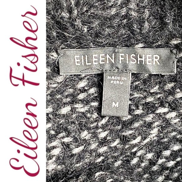 EILEEN FISHER Alpaca Fuzzy Wool Open Waterfall Cardigan Black & Gray, Medium - Picture 4 of 8